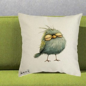 Perna Decorativa Pasare Teal Adormita cu Ochi Galbeni, 40x40 cm, Ecru, Husa Detasabila, Perna Inclusa, BEKZ®