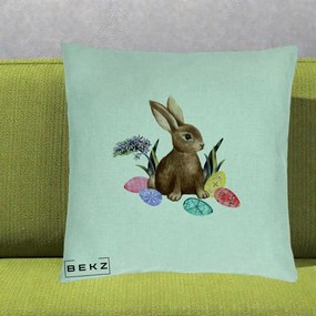 Perna Decorativa Iepuras cu Oua de Pasti Acuarela, 40x40 cm, Verde Menta, Husa Detasabila, Perna Inclusa, BEKZ®