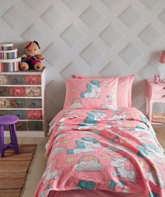 Set cuvertura pat UNICORNIO, roz, bumbac, 160x235 cm, cu cearsaf si fa