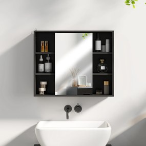 HOMCOM Mobilier baie cu oglindă, dulap cu uși și 6 compartimente deschise, 60 x 14,5 x 49,4 cm, negru | Aosom Romania