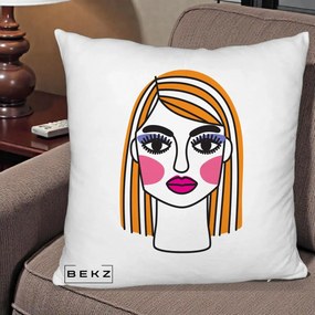 Perna Decorativa Portret Pop Art Fata, 40x40 cm, Alb Pufos, Husa Detasabila, Perna Inclusa, BEKZ®