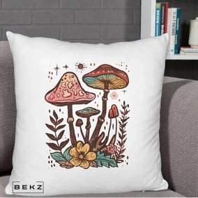 Perna Decorativa Ciuperci Boho Multicolore, 40x40 cm, Alb Pufos, Husa Detasabila, Perna Inclusa, BEKZ®
