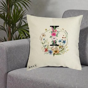 Cadou Personalizat - Perna Personalizata Monogram Litera I cu Flori Acuarela, 40x40 cm, Ecru, Husa Detasabila, Perna Inclusa, BEKZ®