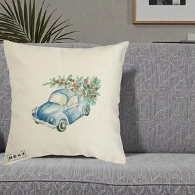Perna Decorativa Masinuta Albastra cu Brad de Craciun, 40x40 cm, Ecru, Husa Detasabila, Perna Inclusa, BEKZ®