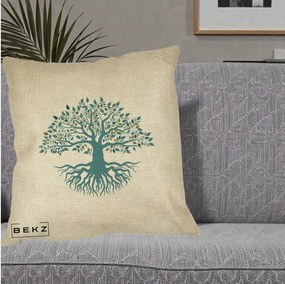 Perna Decorativa Copacul Vietii Teal cu Radacini, 40x40 cm, Crem, Husa Detasabila, Perna Inclusa, BEKZ®