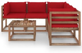 Set mobilier de gradina cu perne rosii, 6 piese lemn pin tratat
