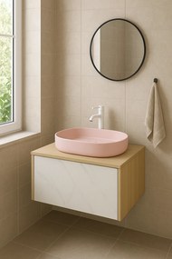Set dulap baie suspendat placat cu ceramica CALACATTA 100 cm cu lavoar roz inclus Adelais Foglia