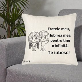 Cadou pentru Frate - Perna Personalizata Fratele Meu Te Iubesc Copii Anime Line Art Negru, 40x40 cm, Crem Reliefat, Husa Detasabila, Perna Inclusa, BEKZ®