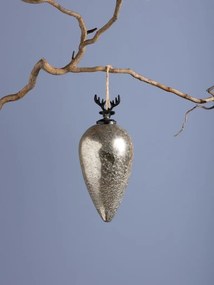Glob decorativ din sticlă și metal, argintiu, formă de picătură, cap de cerb cu coarne ramificate în vârf, finisaj patinat, 25 x 11 cm, „Cerf”