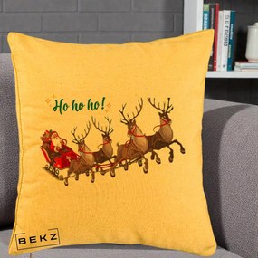 Perna Decorativa Ho Ho Ho Mos Craciun cu Sanie si Reni, 40x40 cm, Galben, Husa Detasabila, Perna Inclusa, BEKZ®