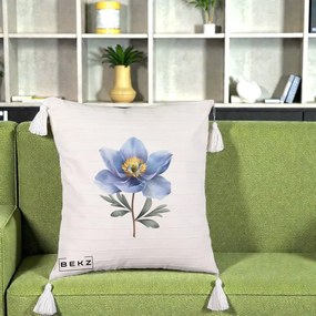Perna Decorativa Anemona Albastra Botanica, 40x40 cm, Bej cu Franjuri, Husa Detasabila, Perna Inclusa, BEKZ®