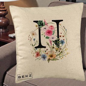 Cadou Personalizat - Perna Personalizata Monogram Litera N cu Flori Acuarela, 40x40 cm, Bej, Husa Detasabila, Perna Inclusa, BEKZ®