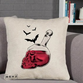 Perna Decorativa Halloween Craniu-Sticla cu Lilieci, 40x40 cm, Bej Canapea, Husa Detasabila, Perna Inclusa, BEKZ®