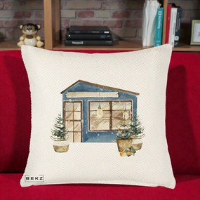Perna Decorativa Casa de Iarna Watercolor, 40x40 cm, Crem Reliefat, Husa Detasabila, Perna Inclusa, BEKZ®