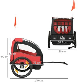 HOMCOM Remorcă pentru bicicletă copii +18 luni cu centură de siguranță și sistem de amortizare 140x88x90 cm Roșu | Aosom Romania