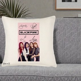 Perna Personalizata K-pop BLACKPINK Semnaturi si Foto, 40x40 cm, Crem Reliefat, Husa Detasabila, Perna Inclusa, BEKZ®