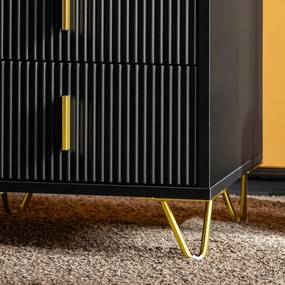 NON12 - Set 2x Noptiere negre 40x40x63cm, riflaje, cu 3 sertare, dormitor - Negru-Auriu