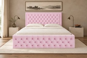 Pat tapițat Chesterfield din catifea Ophelia Deluxe 160×200 cm, roz, cu ladă de depozitare