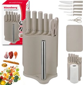 Set cuțite Klausberg KB 7978, 8 piese, Oțel inoxidabil, Suport, Suport hârtie de bucătărie, Bej