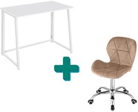 Set pentru birou – birou pliabil ZARIMO 80×40 cm alb + scaun de birou AVOLA VELVET maro deschis