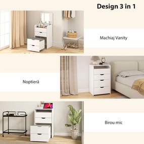 HOMCOM Stație de Machiaj 3 în 1 cu Oglindă Rabatabilă, Scaun Ascuns, Toaletă de Machiaj cu Scaun Tapițat pe Roți, 3 Sertare, Blat din Sticlă Transparentă, Compartiment, Compact, Alb | Aosom Romania