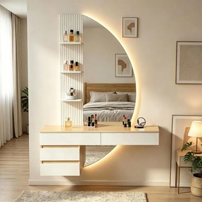 Masuta machiaj cu Oglinda LED si 4 Sertare pentru Cosmetice, Set Masa toaleta 106 cm, Alb - Maro, masuta cosmetica, vanity cu Riflaj si Rafturi -