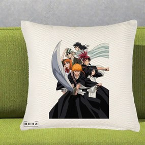 Perna Personalizata Bleach Grup Complet Ichigo si Prietenii, 40x40 cm, Crem Reliefat, Husa Detasabila, Perna Inclusa, BEKZ®