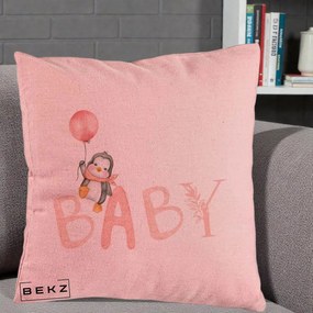 Perna Personalizata Baby Pinguin Roz, 40x40 cm, Roz, Husa Detasabila, Perna Inclusa, BEKZ®