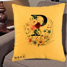 Cadou Personalizat - Perna Personalizata Monogram Litera P cu Flori Acuarela, 40x40 cm, Galben, Husa Detasabila, Perna Inclusa, BEKZ®