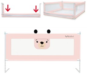 Bariera protectie pat culisanta cu buzunar XXL 140 cm Kidizi Funny Bear Pink, certificata EN71, inaltime reglabila 72-100 cm, model interconectabil