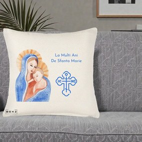 Cadou de Onomastica - Perna Personalizata Sfanta Marie Icoana Acuarela, 40x40 cm, Crem Reliefat, Husa Detasabila, Perna Inclusa, BEKZ®