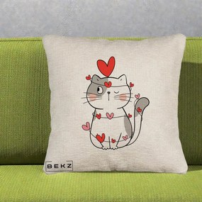 Perna Decorativa Pisica Kawaii cu Inimi, 40x40 cm, Bej Canapea, Husa Detasabila, Perna Inclusa, BEKZ®