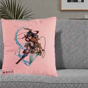 Perna Personalizata Attack on Titan Mikasa Ackerman Lupta, 40x40 cm, Roz, Husa Detasabila, Perna Inclusa, BEKZ®