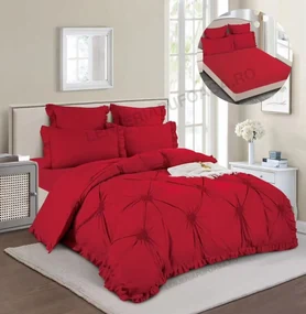 Lenjerie Pat Dublu, Cu Elastic, Bumbac Tip Finet, 6 piese, cu Pliuri Brodate Si Volanase - Rosu