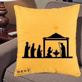 Perna Decorativa Nasterea Pruncului Silueta Neagra si Stea Aurie, 40x40 cm, Galben, Husa Detasabila, Perna Inclusa, BEKZ®