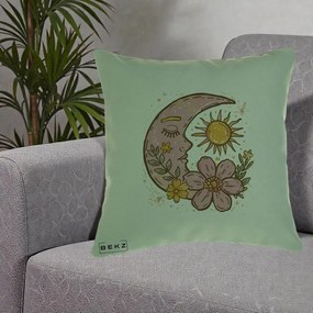 Perna Personalizata Luna si Soare Floral Boho, 40x40 cm, Verde, Husa Detasabila, Perna Inclusa, BEKZ®