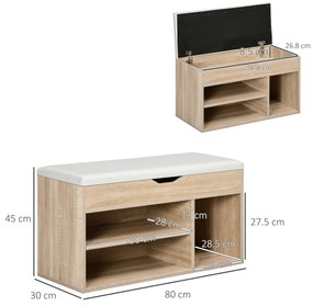 HOMCOM Bancă pentru Pantofi cu 3 Compartimente, Spațiu Ascuns și Șezut din Piele PU, 80x30x43 cm, Lemn Natural | Aosom Romania