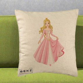 Perna Decorativa Printesa Aurora Rochie Roz, 40x40 cm, Bej, Husa Detasabila, Perna Inclusa, BEKZ®