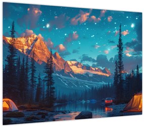 Tablou pe sticlă - Camping în munți (70x50 cm)