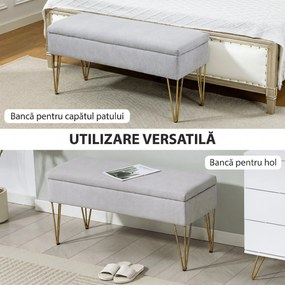 HOMCOM Bancă cu Depozitare din Material Textil și Picioare din Oțel, 100x40x49 cm, Gri Deschis | Aosom Romania