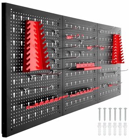 Panou metalic de perete pentru unelte cu carlige si rafturi