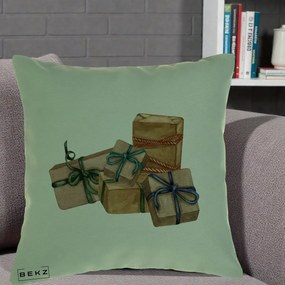 Perna Decorativa Cadouri de Craciun Kraft, 40x40 cm, Verde, Husa Detasabila, Perna Inclusa, BEKZ®