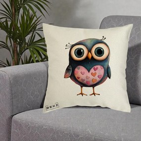 Perna Decorativa Bufnita cu Inimioare Roz, 40x40 cm, Ecru, Husa Detasabila, Perna Inclusa, BEKZ®