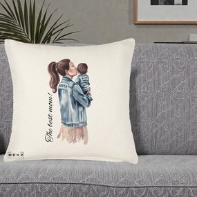 Cadou pentru Mama - Perna Personalizata The Best Mom Jachete, 40x40 cm, Crem Reliefat, Husa Detasabila, Perna Inclusa, BEKZ®