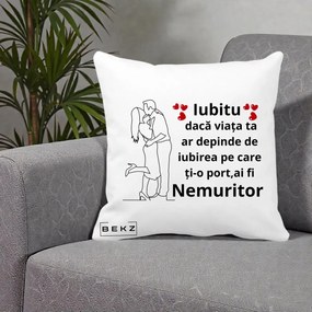 Cadou pentru Iubit - Perna Personalizata Iubitu Nemuritor cu Cuplu Line-Art si Inimi Rosii, 40x40 cm, Alba Mata, Husa Detasabila, Perna Inclusa, BEKZ®