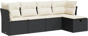 vidaXL Set mobilier de grădină cu perne, 5 piese, negru, poliratan