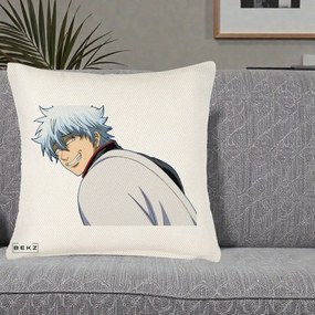Perna Personalizata Gintama Gintoki Portret cu Zambet, 40x40 cm, Crem Reliefat, Husa Detasabila, Perna Inclusa, BEKZ®