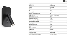 Aplica cu reader LED directionabil stil minimalist SUAU USB C negru