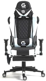 RESIGILAT- Scaun gaming, Masaj in 7 puncte, Boxe Bluetooth, funcție șezlong, 90-180 grade, suport picioare, sezut benzi elastice sustinere suplimentara, PU, Negru/Alb