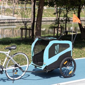 PawHut Remorcă Bicicletă pentru Câini cu Două Intrări Buzunare Cadru Oțel Țesătură 170x77x90cm Albastru | Aosom Romania